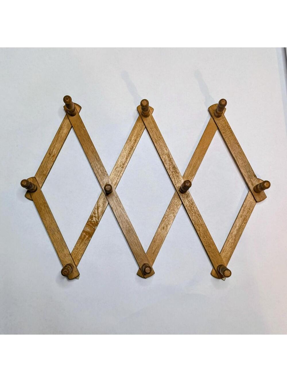 Vtg Expandable Wooden Accordion Peg Rack - 10 Pegs